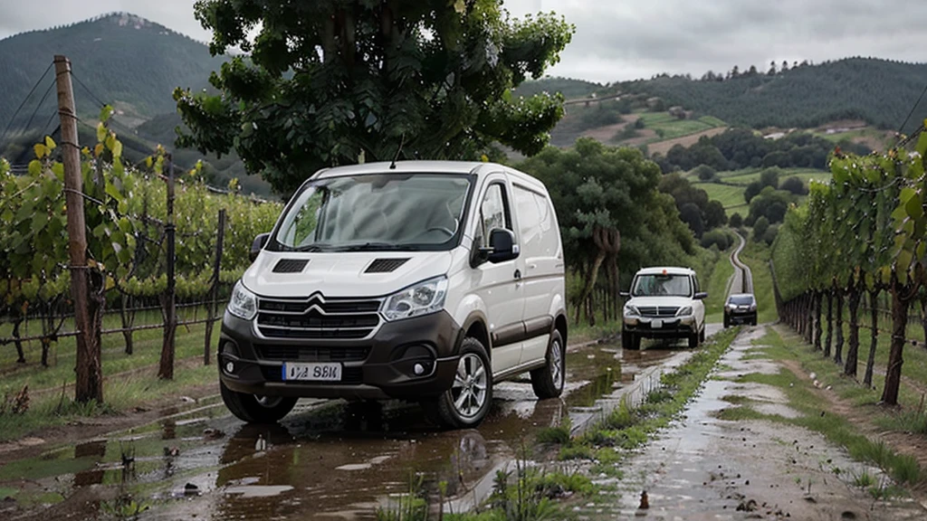 dirt road, in the vineyards, between the vines, the vines are small, rainy weather, two men, a white L2 H2 van, Fourgon L2 H2, citroên jumper, 