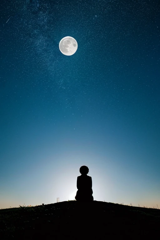 Highest quality,Big moon and shadow,A silhouette of a person can be seen against the backdrop of a large moon.,There is one full moon,There is a mood,Beautiful scenery,Starry Sky