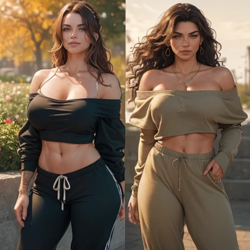 Two women with different natural color hair and race exercising together from different angles , Athletic fit bodybuilding muscular 30 year old fitness athlete woman, amazingly long wavy voluminous flowing hair down her back to her thighs, big beautiful green eyes, MANY freckles, muscle tone, wet and glistening from sweat, wearing low-rise oversized sweatpants-shorts, ((( IMPORTANT: and a huge loose baggy oversized low-cut comfy big sweatshirt with ONE wide-neck-hole that goes all around off-shoulder and cleavage in one big swoop 1.3))), very tall socks and cute sneakers, flowers in hair, muscle definition in shoulders and belly, curvy, juicy wide hips, thick thighs, nice big muscular ass, mature gorgeous incredible pretty face, grinning, laughing, many tattoos on her body, jogging in a beautiful flower garden in the mornings, Instagram model, (((small breasts 1.3))), (((birds-eye-view-very-high-camera-looking-down wide-angle-lens and bokeh and incredible colors and professional photographer with a sense of the dynamic and having depth 1.3 ))) k, SFW, abs,photorealistic,super long hair, incredible outfit that makes sense practically and beautifully for an autumn morning when it's sunny but a little windy, , headband, all clothes are one color