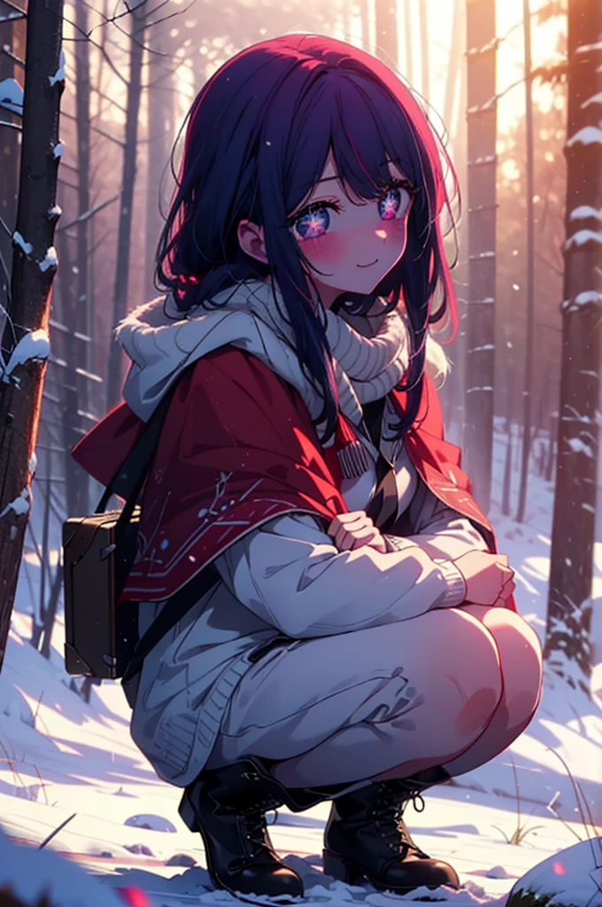 aihoshino, Ai Hoshino, Long Hair, bangs, (Purple eyes:1.1), Purple Hair, (Symbol-shaped pupil:1.5), smile,,smile,blush,White Breath,
Open your mouth,snow,Ground bonfire, Outdoor, boots, snowing, From the side, wood, suitcase, Cape, Blurred, , forest, White handbag, nature, Squat, Mouth closed, Cape, winter, Written boundary depth, Black shoes, red Cape break looking at viewer, Upper Body, whole body, break Outdoor, forest, nature, break (masterpiece:1.2), Highest quality, High resolution, unity 8k wallpaper, (shape:0.8), (Beautiful and beautiful eyes:1.6), Highly detailed face, Perfect lighting, Highly detailed CG, (Perfect hands, Perfect Anatomy),