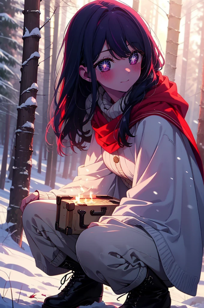 aihoshino, Ai Hoshino, Long Hair, bangs, (Purple eyes:1.1), Purple Hair, (Symbol-shaped pupil:1.5), smile,,smile,blush,White Breath,
Open your mouth,snow,Ground bonfire, Outdoor, boots, snowing, From the side, wood, suitcase, Cape, Blurred, , forest, White handbag, nature, Squat, Mouth closed, Cape, winter, Written boundary depth, Black shoes, red Cape break looking at viewer, Upper Body, whole body, break Outdoor, forest, nature, break (masterpiece:1.2), Highest quality, High resolution, unity 8k wallpaper, (shape:0.8), (Beautiful and beautiful eyes:1.6), Highly detailed face, Perfect lighting, Highly detailed CG, (Perfect hands, Perfect Anatomy),