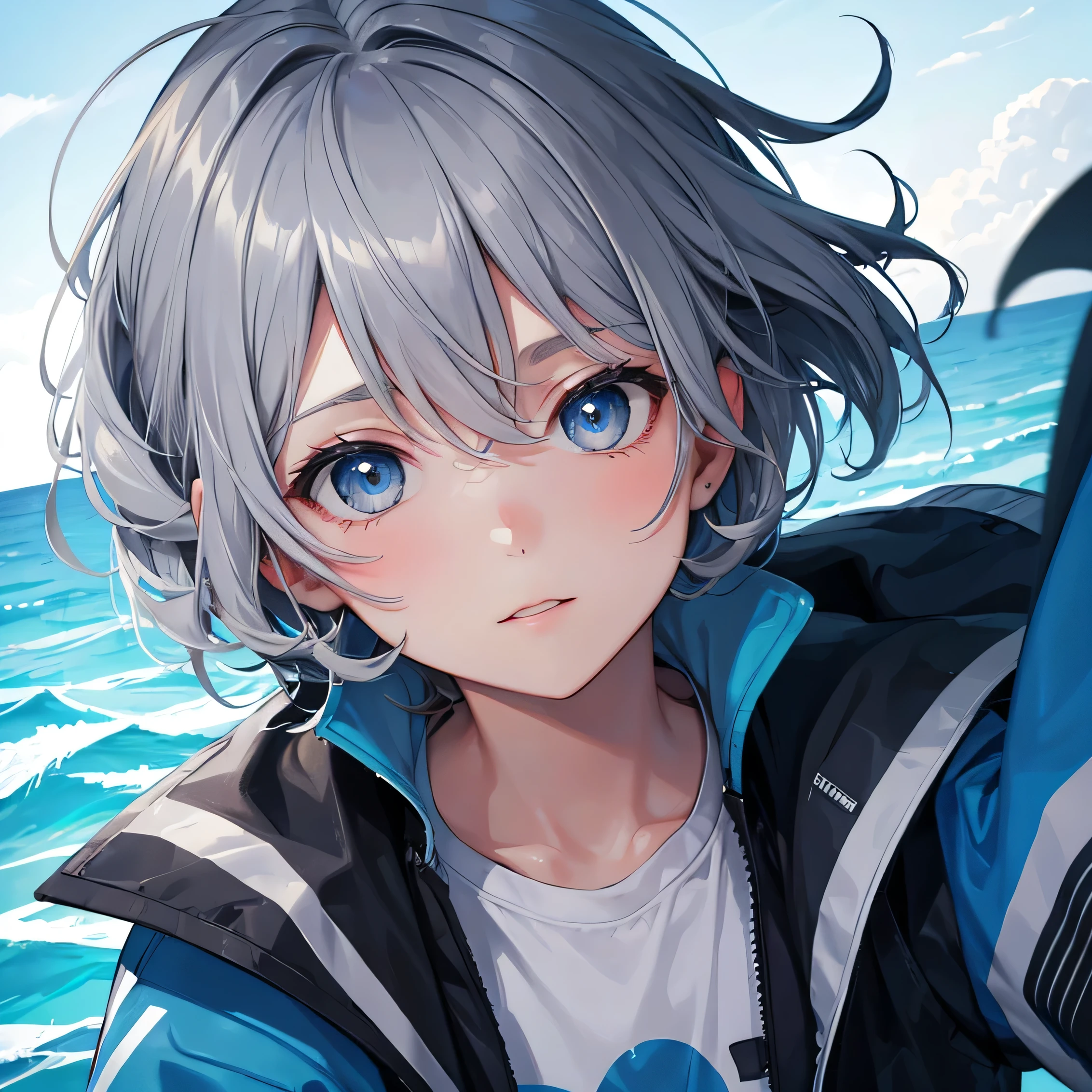 A close-up of a person in a jacket, a cool tomboy girl with light gray messy hair and blue eyes. She likes to play with sharks in the sea.