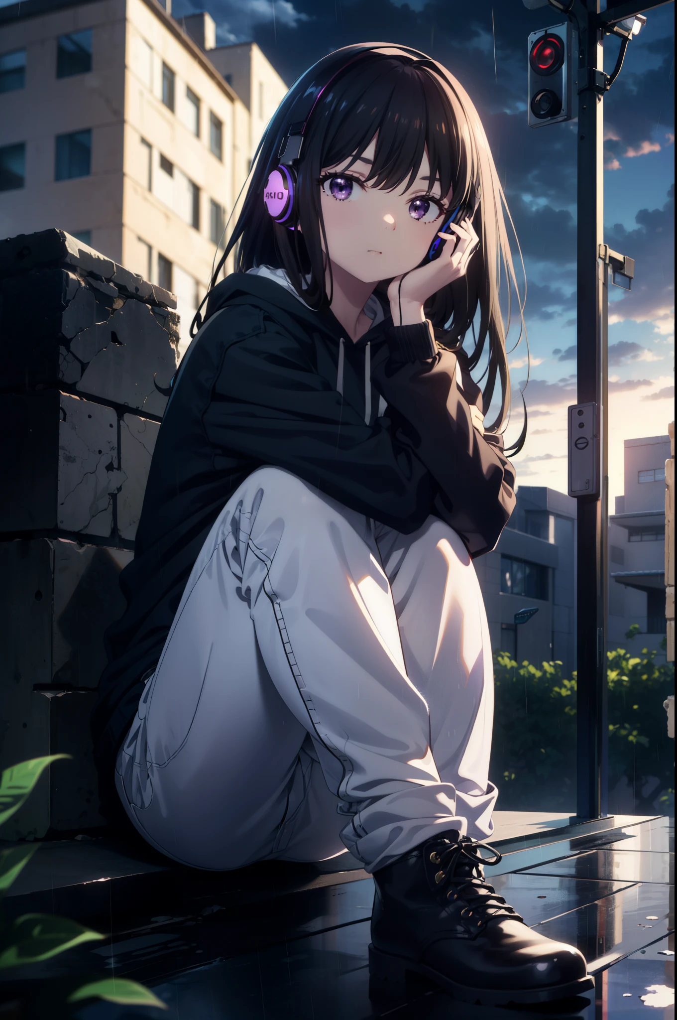 Takiuchikami, Check it out, Long Hair, bangs, Black Hair, (Purple eyes:1.2),Oversized blue hoodie,Wired headphones,jeans,short boots,Sitting on the steps of a building,Hiding in a roofed building,whole bodyがイラストに入るように,rain,cloudy,night,
break outdoors, Building district,
break looking at viewer, whole body,
break (masterpiece:1.2), Highest quality, High resolution, unity 8k wallpaper, (figure:0.8), (Beautiful attention to detail:1.6), Highly detailed face, Perfect lighting, Highly detailed CG, (Perfect hands, Perfect Anatomy),