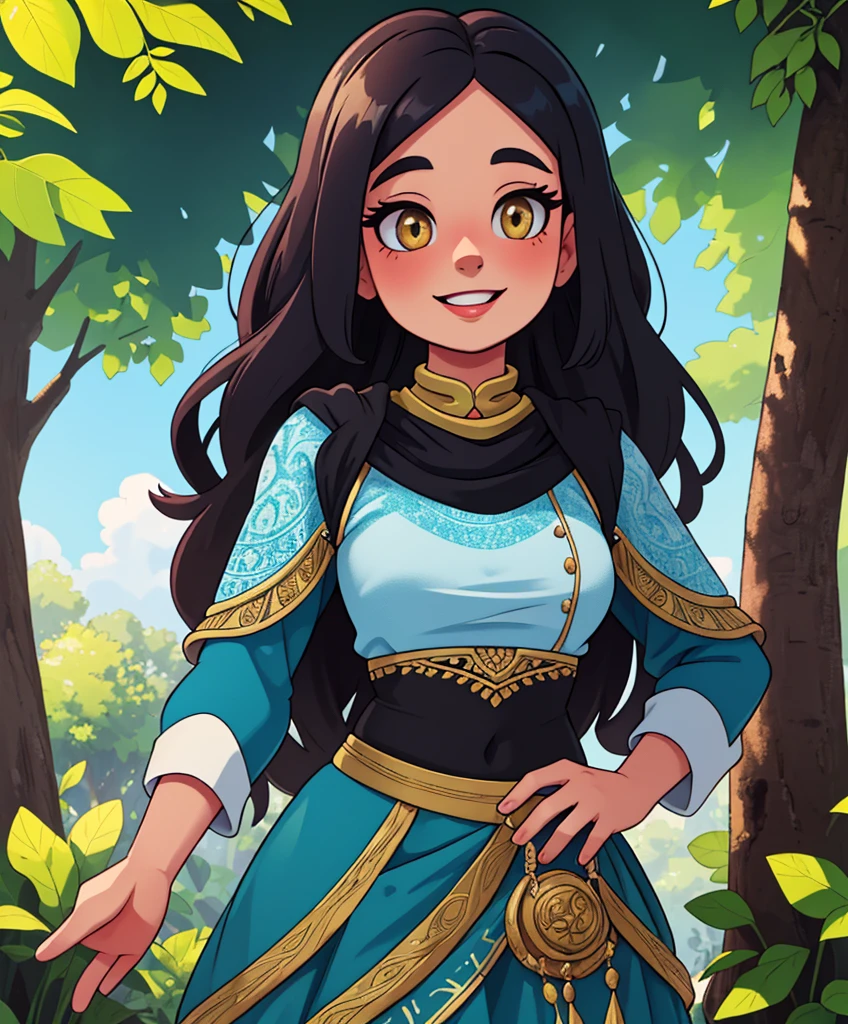 Portrait of middle eastern woman, Be proud and empowered of your cultural identity, very long skirt, outdoor, from the side, look to the side, Smile, Dappled sunlight,
best quality, masterpiece, intricate details, High environmental detail, Tone \(style\),