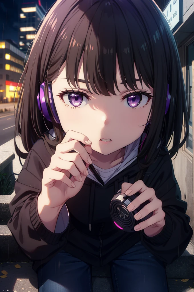 Takiuchikami, Check it out, Long Hair, bangs, Black Hair, (Purple eyes:1.2),Oversized blue hoodie,Wired headphones,jeans,short boots,Sitting on the steps of a building,Hiding in a roofed building,whole bodyがイラストに入るように,rain,cloudy,night,
break outdoors, Building district,
break looking at viewer, whole body,
break (masterpiece:1.2), Highest quality, High resolution, unity 8k wallpaper, (figure:0.8), (Beautiful attention to detail:1.6), Highly detailed face, Perfect lighting, Highly detailed CG, (Perfect hands, Perfect Anatomy),
