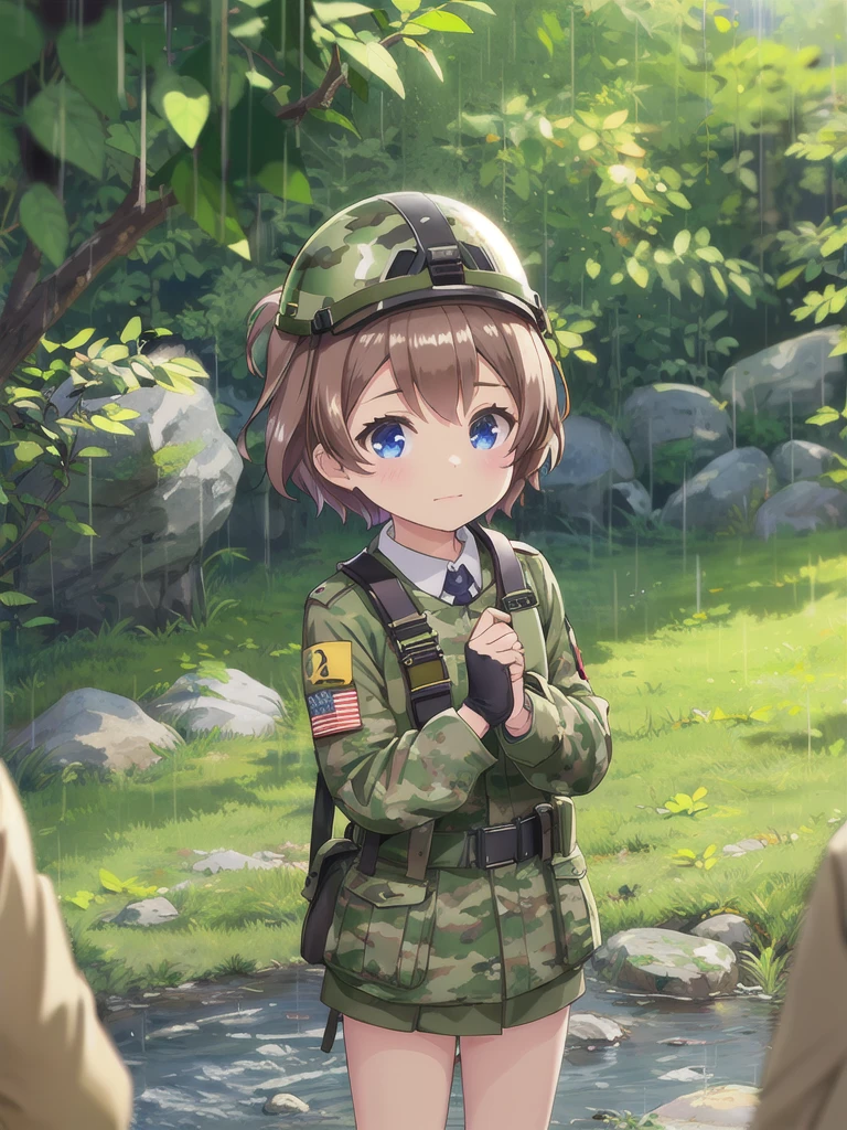 Highest quality,masterpiece,12 years old,blue eyes,Outdoor,Lens flare, 顔 focus,Brown Hair, short hair, Military camouflage uniform,Green helmet,rain,In the mountains