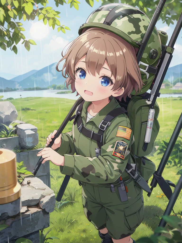 Highest quality,masterpiece,,blue eyes,Outdoor,Lens flare, 顔 focus,Brown Hair, short hair, Military camouflage uniform,Green helmet,rain,In the mountains
