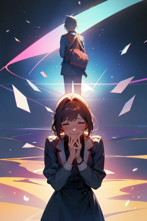 A girl say farewell to a man, while laughing mocking , he is far away