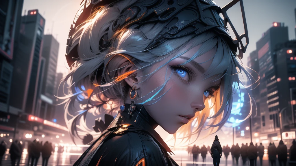 3D impressionist illustration, Masterpiece, High Contrast, A Russian girl in her early 20s with ash grey hair, Ultra-near-future weapons, Full body portrait, Uplifting, A futuristic city in the background, Gorgeous, A night view smattering with brilliant colors