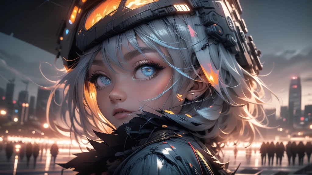 3D impressionist illustration, Masterpiece, High Contrast, A Russian girl in her early 20s with ash grey hair, Ultra-near-future weapons, Full body portrait, Uplifting, A futuristic city in the background, Gorgeous, A night view smattering with brilliant colors