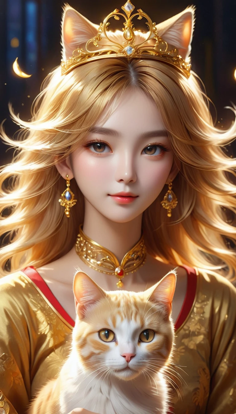 ((Highest quality)), ((masterpiece)),((Realistic)),(Highly detailed CG illustrations), ((Very delicate and beautiful))、1Woman and cat with golden mane、Financial luck improves、Economic fortune、A woman is holding a cat and looking at the camera、The woman is wearing a golden tiara、The cat is surrounded by a golden aura、Fantasy、Improve the fortunes of those who see it