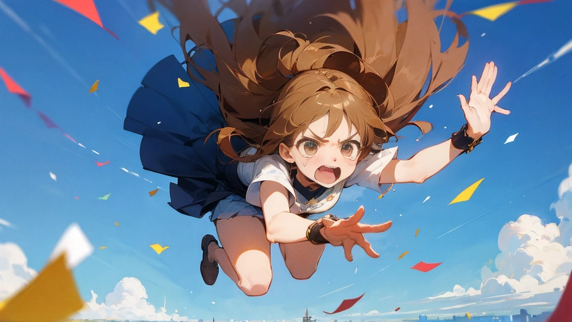 ((Highest quality)), ((masterpiece)), ((Very detailed)),Floatingする女の子,Angry expression,floating,Floating,Confetti,Brown Hair,tears,Levitating,Blue sky background,Feet in the air,tears,gravity,Long skirt,loafers,Raise both hands