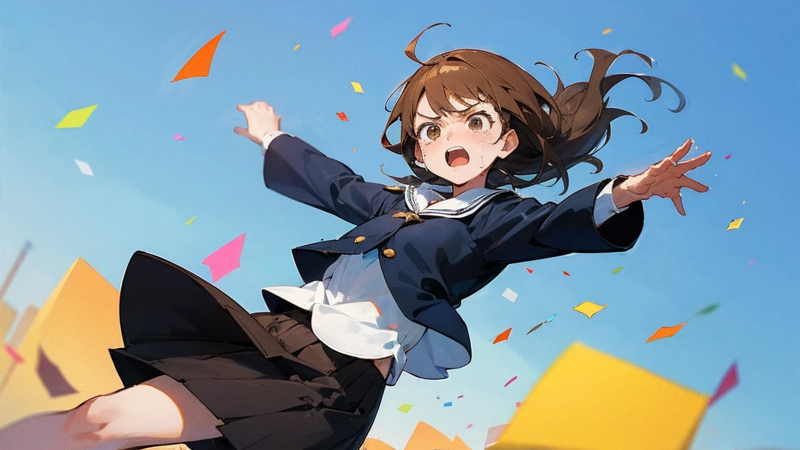 ((Highest quality)), ((masterpiece)), ((Very detailed)),Floatingする女の子,Angry expression,floating,Floating,Confetti,Brown Hair,tears,Levitating,Blue sky background,Feet in the air,tears,gravity,Long skirt,loafers,Raise both hands