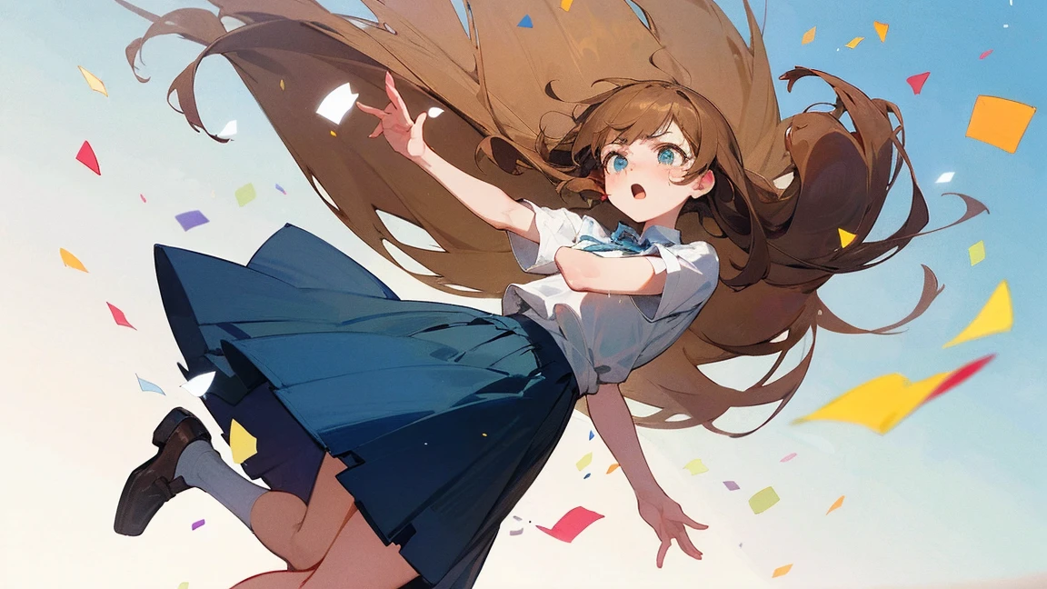 ((Highest quality)), ((masterpiece)), ((Very detailed)),Floatingする女の子,Angry expression，floating，Floating，Confetti，Brown Hair,tears,Levitating,Blue sky background,Feet in the air,tears,gravity,Long skirt,loafers,Raise both hands