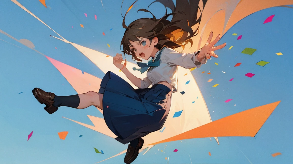 ((Highest quality)), ((masterpiece)), ((Very detailed)),Floatingする女の子,Angry expression，floating，Floating，Confetti，Brown Hair,tears,Levitating,Blue sky background,Feet in the air,tears,gravity,Long skirt,loafers,Raise both hands