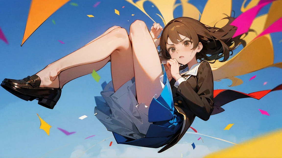 ((Highest quality)), ((masterpiece)), ((Very detailed)),Floatingする女の子,Angry expression，floating，Floating，Confetti，Brown Hair,tears,Levitating,Blue sky background,Feet in the air,tears,gravity,Long skirt,loafers,Raise both hands