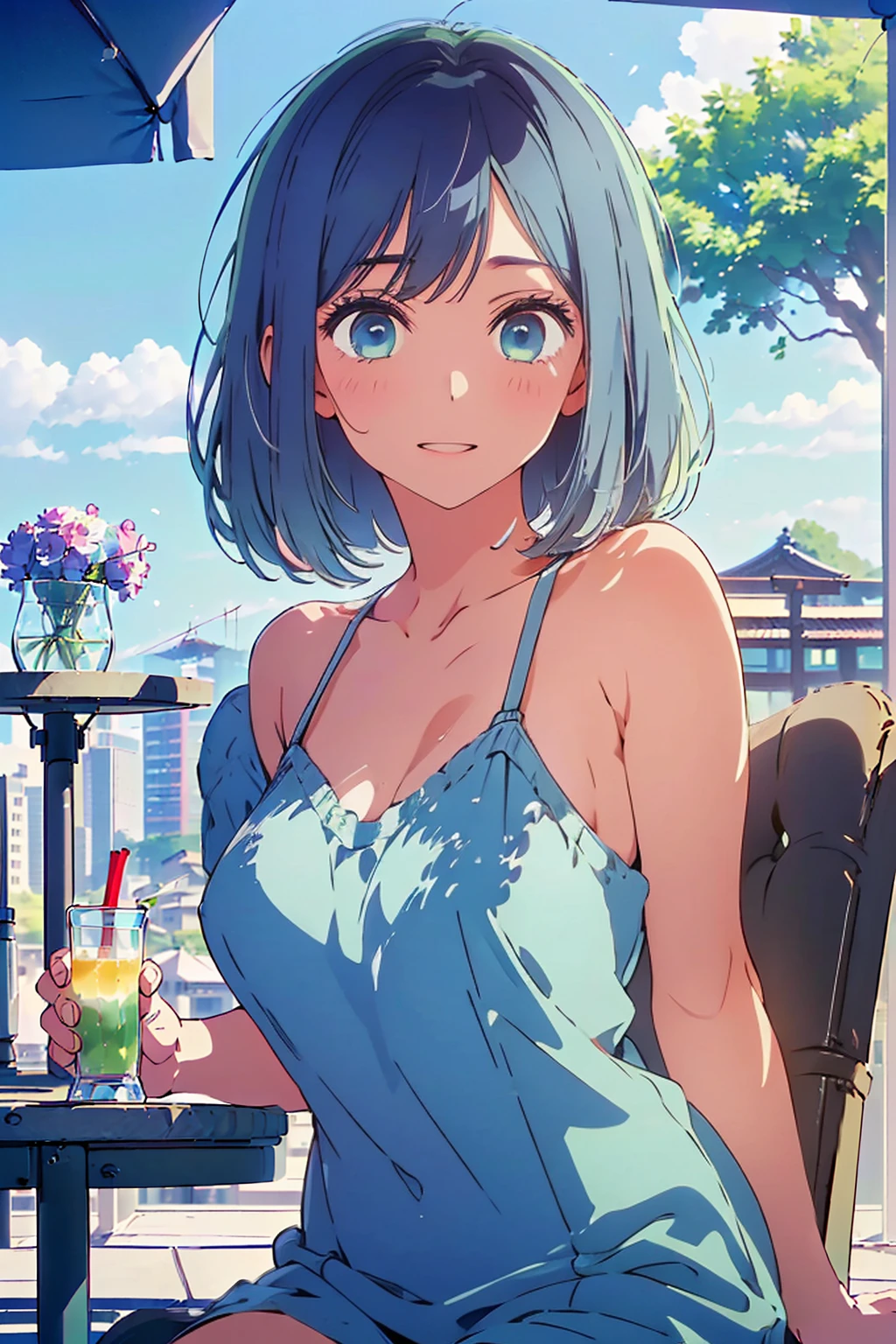 (Highest quality:1.4、masterpiece:1.4、Super detailed:1.4、Ultra-high resolution:1.4、8K:1.4)、F cup bust、Big Breasts、Slim body、((((1 person、Surprised expression、sit、Chair、In the background are the urban buildings of Tokyo、looking at the camera、Outdoor café terrace、coastal、juice、Shooting up close、table、Very cute face))))、(Pose with hands tucked behind ears:1.4、Cheek resting on hand:1.4）、((nude、very beautiful areola、camisole、Seamless outerwear))、Very blue sky、A completely cloudless sky、Big eyes、((((Shallow depth of field))))