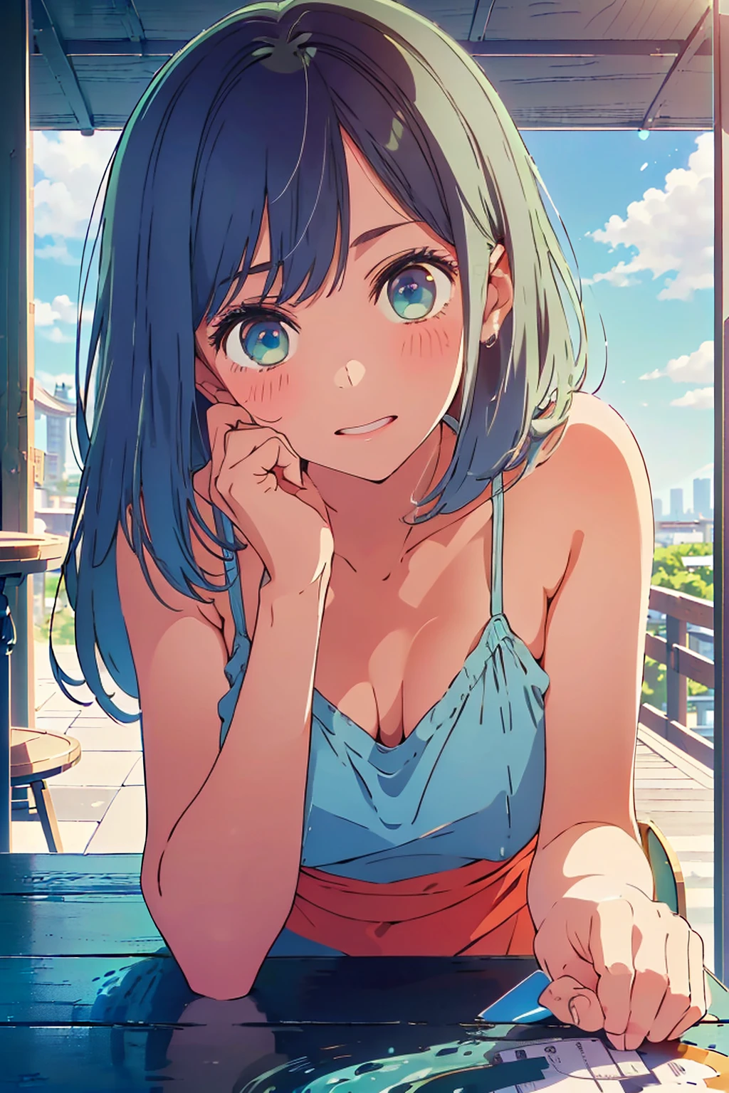 (Highest quality:1.4、masterpiece:1.4、Super detailed:1.4、Ultra-high resolution:1.4、8K:1.4)、F cup bust、Big Breasts、Slim body、((((1 person、Surprised expression、sit、Chair、In the background are the urban buildings of Tokyo、looking at the camera、Outdoor café terrace、coastal、juice、Shooting up close、table、Very cute face))))、(Pose with hands tucked behind ears:1.4、Cheek resting on hand:1.4)、((nude、very beautiful areola、camisole、Seamless outerwear))、Very blue sky、A completely cloudless sky、Big eyes、((((Shallow depth of field))))