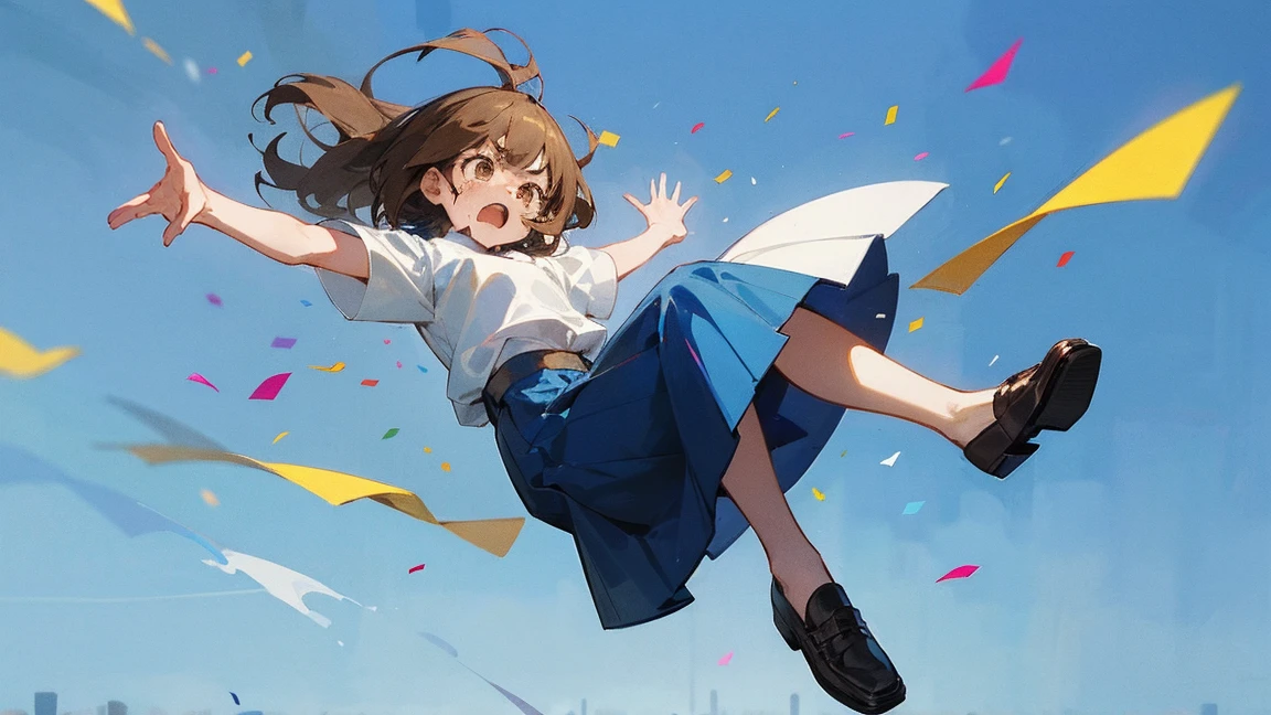 ((Highest quality)), ((masterpiece)), ((Very detailed)),Floatingする女の子,Angry expression,floating,Floating,Confetti,Brown Hair,tears,Levitating,Blue sky background,Feet in the air,tears,gravity,Long skirt,loafers,Raise both hands