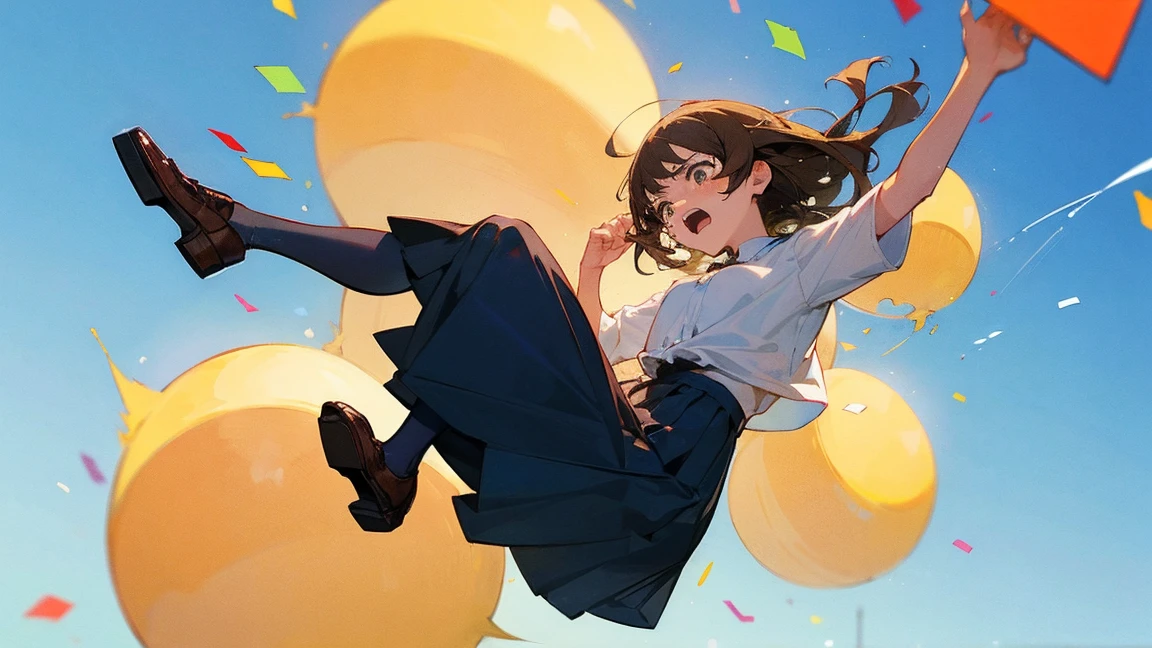 ((Highest quality)), ((masterpiece)), ((Very detailed)),Floatingする女の子,Angry expression,floating,Floating,Confetti,Brown Hair,tears,Levitating,Blue sky background,Feet in the air,tears,gravity,Long skirt,loafers,Raise both hands