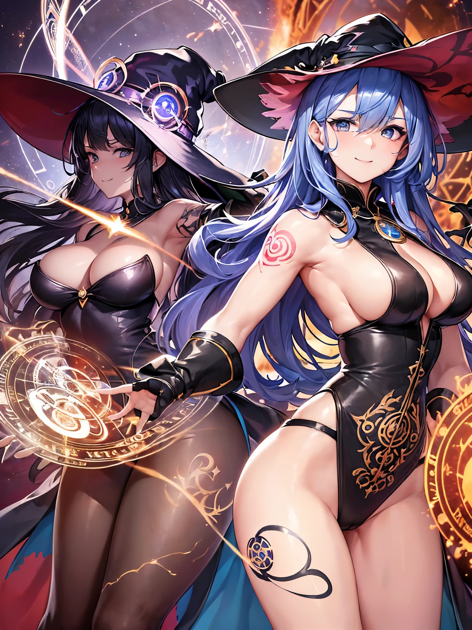 ((Highest quality)),(Ultra-high resolution),(Ultra-detailed new),(Detailed Description),((The best CG)),(masterpiece),Highly detailed art,A wonderful new art form,(Art with precise details:1.5), (witch:1.8),(緻密で詳細に描写されたハイレグwitch服:1.7),(Beautiful and well-proportioned face:1.6),(smile:1.4),(Side boob:1.9),(Beautiful feet:1.4),(Tattoo:1.5),(Dynamic Pose:1.8), (The destroyed magic circle:1.7), (Overwhelming destructive power:1.5), (Exploding Plasma:1.6), Fantasy:1.6,