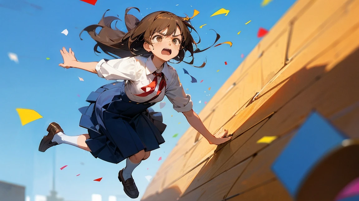 ((Highest quality)), ((masterpiece)), ((Very detailed)),Floatingする女の子,Angry expression，floating，Floating，Confetti，Brown Hair,tears,Levitating,Blue sky background,Feet in the air,tears,gravity,Long skirt,loafers,Raise both hands