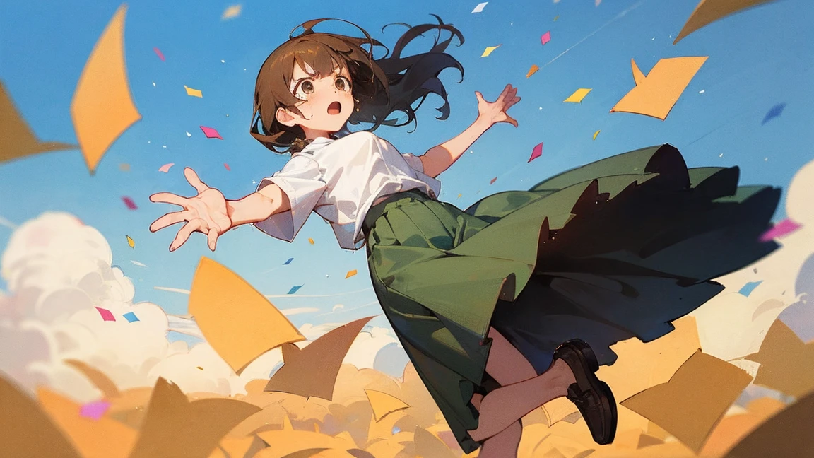 ((Highest quality)), ((masterpiece)), ((Very detailed)),Floatingする女の子,Angry expression,floating,Floating,Confetti,Brown Hair,tears,Levitating,Blue sky background,Feet in the air,tears,gravity,Long skirt,loafers,Raise both hands
