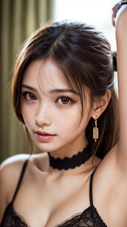 1 Girl, very cute, Great face and eyes, (Highly detailed beautiful face), (Ultra Realistic), (Highly detailed eyes, Highly detailed hair, Highly detailed face, Very detailed full lips), (Off the shoulder), chest, Upper Body, smile:1.1, (Highest quality:1.4), RAW Photos, (Realistic, photo-Realistic:1.37), Professional photography, Cinematic Light, ponytail、Add light to your hair、Earrings、forehead、freckles、choker、cleavage 、Highly detailed eyesの解像度、Open your mouth a little、Armpits、With open arms、Small breasts、see-through、