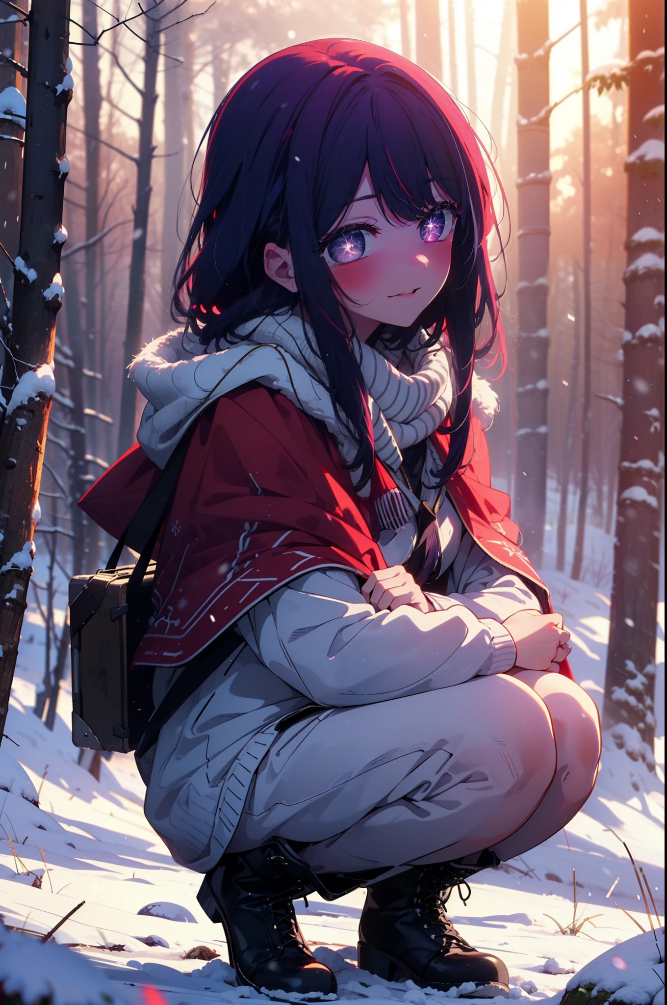 aihoshino, Ai Hoshino, Long Hair, bangs, (Purple eyes:1.1), Purple Hair, (Symbol-shaped pupil:1.5), smile,,smile,blush,White Breath,
Open your mouth,snow,Ground bonfire, Outdoor, boots, snowing, From the side, wood, suitcase, Cape, Blurred, , forest, White handbag, nature,  Squat, Mouth closed, Cape, winter, Written boundary depth, Black shoes, red Cape break looking at viewer, Upper Body, whole body, break Outdoor, forest, nature, break (masterpiece:1.2), Highest quality, High resolution, unity 8k wallpaper, (shape:0.8), (Beautiful and beautiful eyes:1.6), Highly detailed face, Perfect lighting, Highly detailed CG, (Perfect hands, Perfect Anatomy),