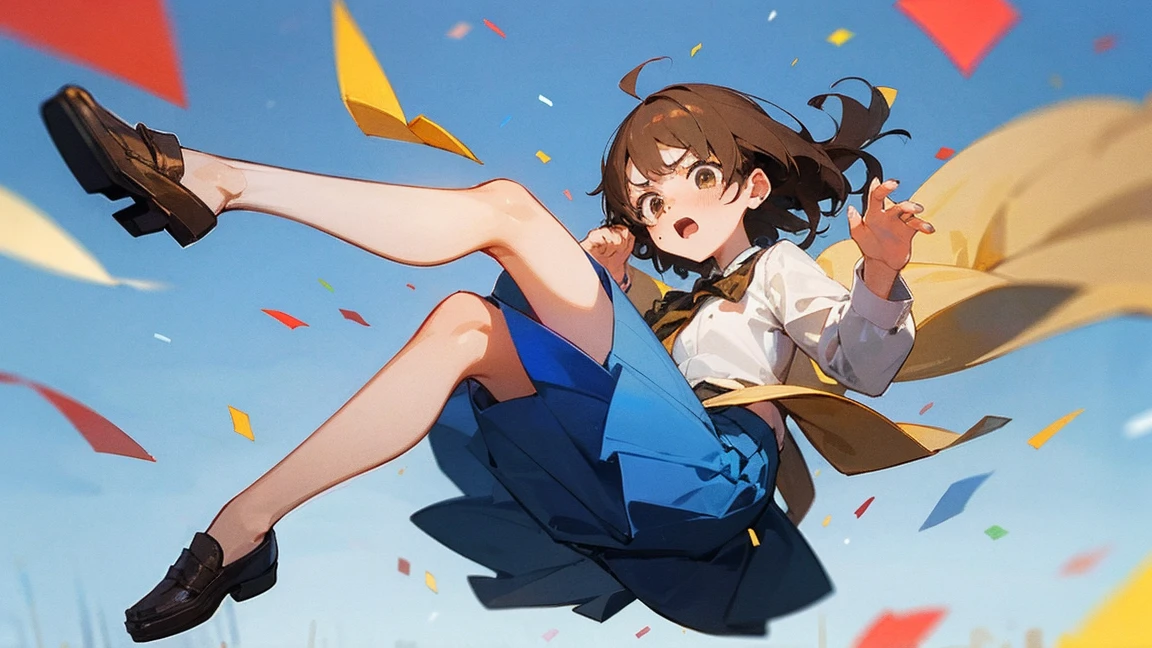 ((Highest quality)), ((masterpiece)), ((Very detailed)),Floatingする女の子,Angry expression，floating，Floating，Confetti，Brown Hair,tears,Levitating,Blue sky background,Feet in the air,tears,gravity,Long skirt,loafers,Raise both hands