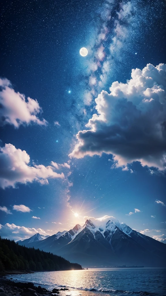 (16K, Ultra high quality), moon, clouds, mountain, moonlight, the sea, beautiful scene, star, galaxy, night scene