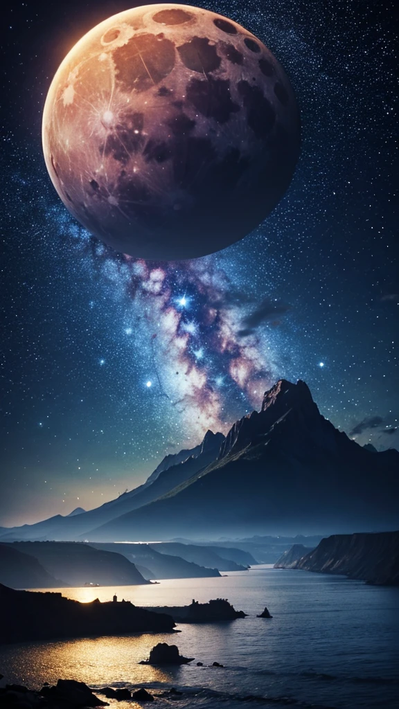 (16K, Ultra high quality), moon, clouds, mountain, moonlight, the sea, beautiful scene, star, galaxy, night scene