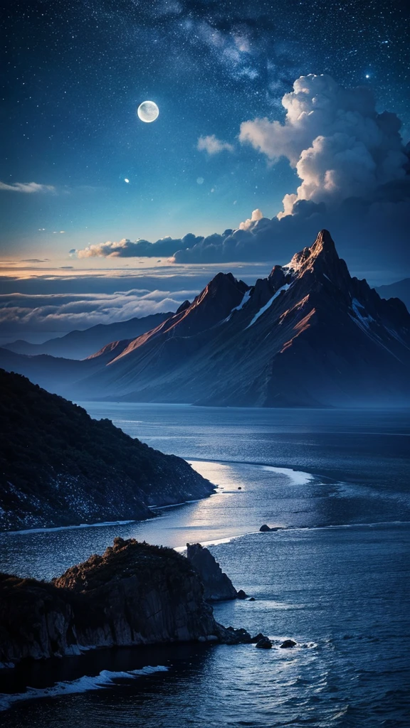 (16K, Ultra high quality), moon, clouds, mountain, moonlight, the sea, beautiful scene, star, galaxy, night scene