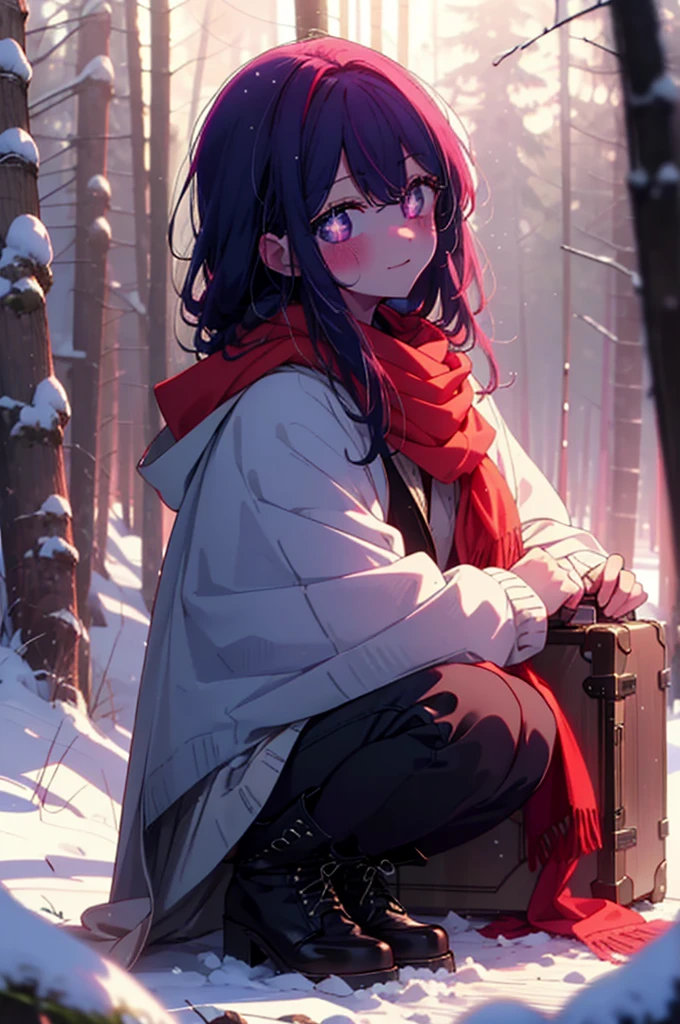 aihoshino, Ai Hoshino, Long Hair, bangs, (Purple eyes:1.1), Purple Hair, (Symbol-shaped pupil:1.5), smile,,smile,blush,White Breath,
Open your mouth,snow,Ground bonfire, Outdoor, boots, snowing, From the side, wood, suitcase, Cape, Blurred, , forest, White handbag, nature, Squat, Mouth closed, Cape, winter, Written boundary depth, Black shoes, red Cape break looking at viewer, Upper Body, whole body, break Outdoor, forest, nature, break (masterpiece:1.2), Highest quality, High resolution, unity 8k wallpaper, (shape:0.8), (Beautiful and beautiful eyes:1.6), Highly detailed face, Perfect lighting, Highly detailed CG, (Perfect hands, Perfect Anatomy),