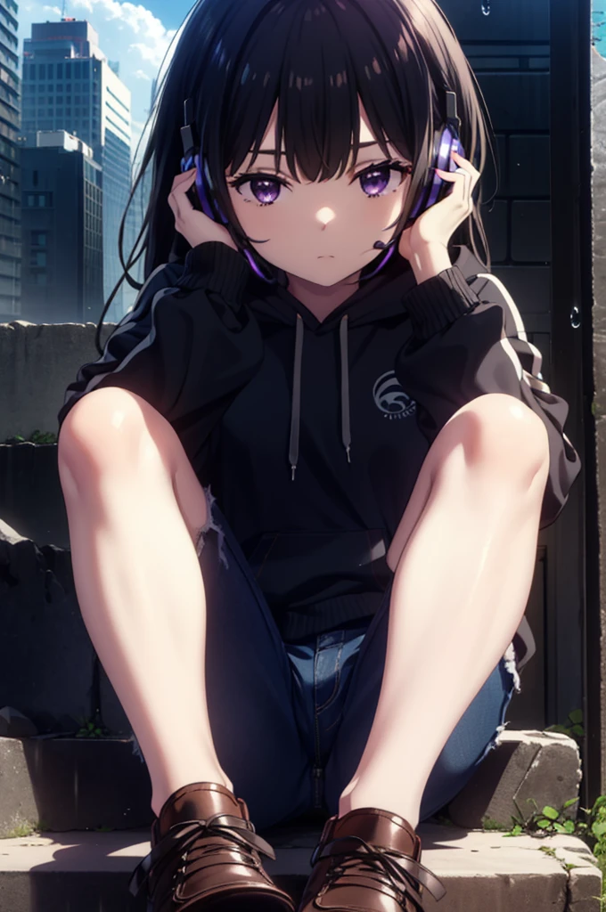 Takiuchikami, Check it out, Long Hair, bangs, Black Hair, (Purple eyes:1.2),Oversized blue hoodie,Wired headphones,jeans,short boots,Sitting on the steps of a building,Hiding in a roofed building,whole bodyがイラストに入るように,rain,cloudy,night,
break outdoors, Building district,
break looking at viewer, whole body,
break (masterpiece:1.2), Highest quality, High resolution, unity 8k wallpaper, (figure:0.8), (Beautiful attention to detail:1.6), Highly detailed face, Perfect lighting, Highly detailed CG, (Perfect hands, Perfect Anatomy),