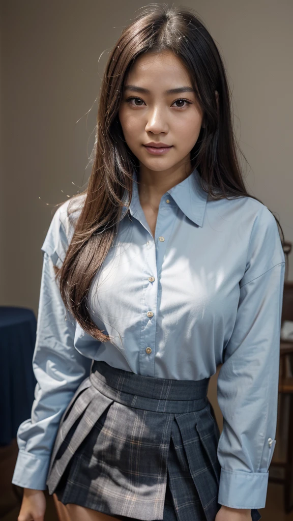 beautiful japanese woman, Perfect pretty face with smooth skin., small face with rose-shaped nose and lips, pretty eyes, beautiful smile. negro, fine long beautiful hair bathed in a brilliant etheric glow. Gray cover with degraded highlighting, loose and fluffy medium hairstyle, navy blue mandarin collar shirt×yellow houndstooth flared skirt, bright neon colorful background, super realistic woman photo, High quality 8K high resolution masterpiece