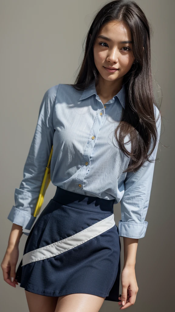 beautiful japanese woman, Perfect pretty face with smooth skin., small face with rose-shaped nose and lips, pretty eyes, beautiful smile. negro, fine long beautiful hair bathed in a brilliant etheric glow. Gray cover with degraded highlighting, loose and fluffy medium hairstyle, navy blue mandarin collar shirt×yellow houndstooth flared skirt, bright neon colorful background, super realistic woman photo, High quality 8K high resolution masterpiece