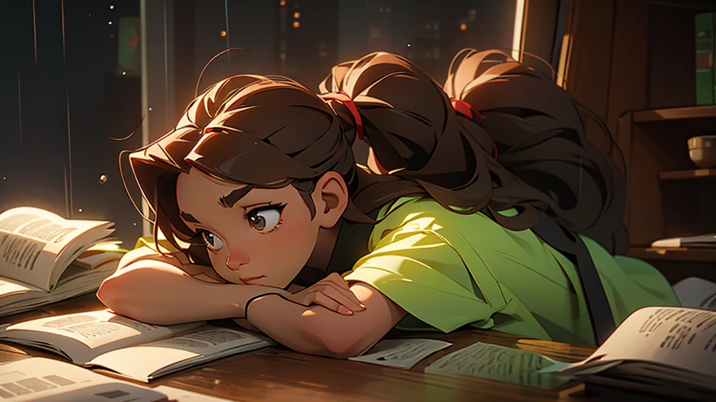 "Outside the window, it's raining. A brown-haired woman with a ponytail is studying. Vast scene, tiny woman."