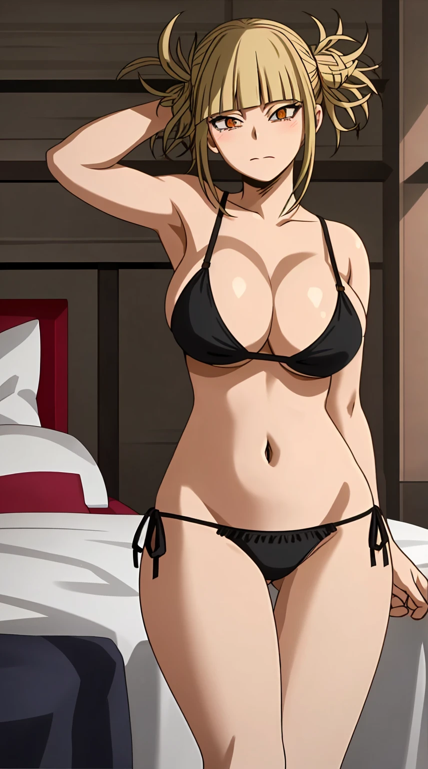 Masterpiece, highres, high Quality, detailed face, detailed body render, 1girl, solo, Himiko Toga , Thong underwear (1.4), large breasts, big breast, no bra, breasts out, nipple, standing, blushes, (on bedroom), erotic emotion