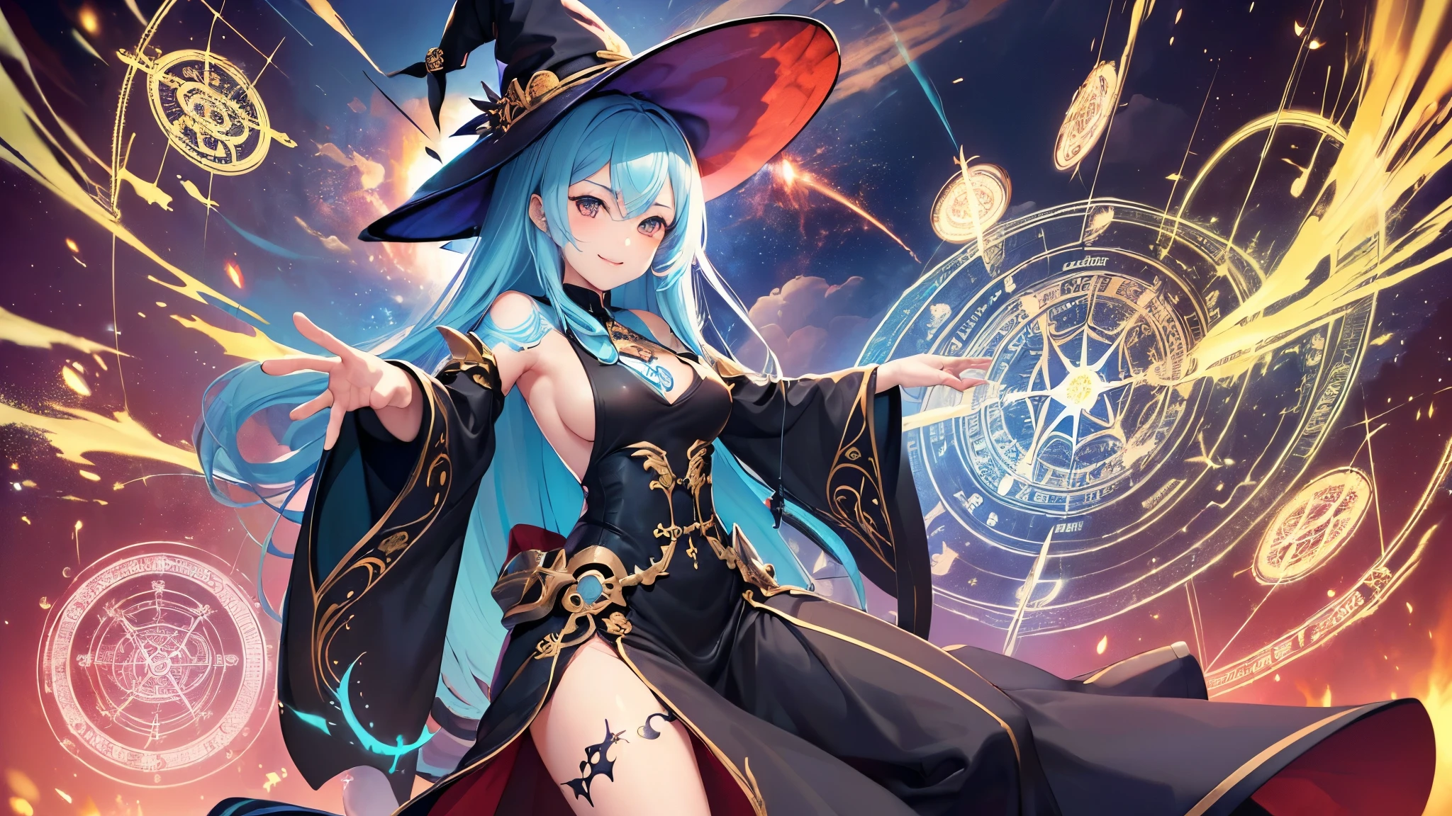 ((Highest quality)),(Ultra-high resolution),(Ultra-detailed new),(Detailed Description),((The best CG)),(masterpiece),Highly detailed art,A wonderful new art form,(Art with precise details:1.5), (witch:1.8),(緻密で詳細に描写されたハイレグwitch服:1.7),(Beautiful and well-proportioned face:1.6),(smile:1.4),(Side boob:1.9),(Beautiful feet:1.4),(Tattoo:1.5),(Dynamic Pose:1.8), (The destroyed magic circle:1.7), (Overwhelming destructive power:1.5), (Exploding Plasma:1.6), Fantasy:1.6,