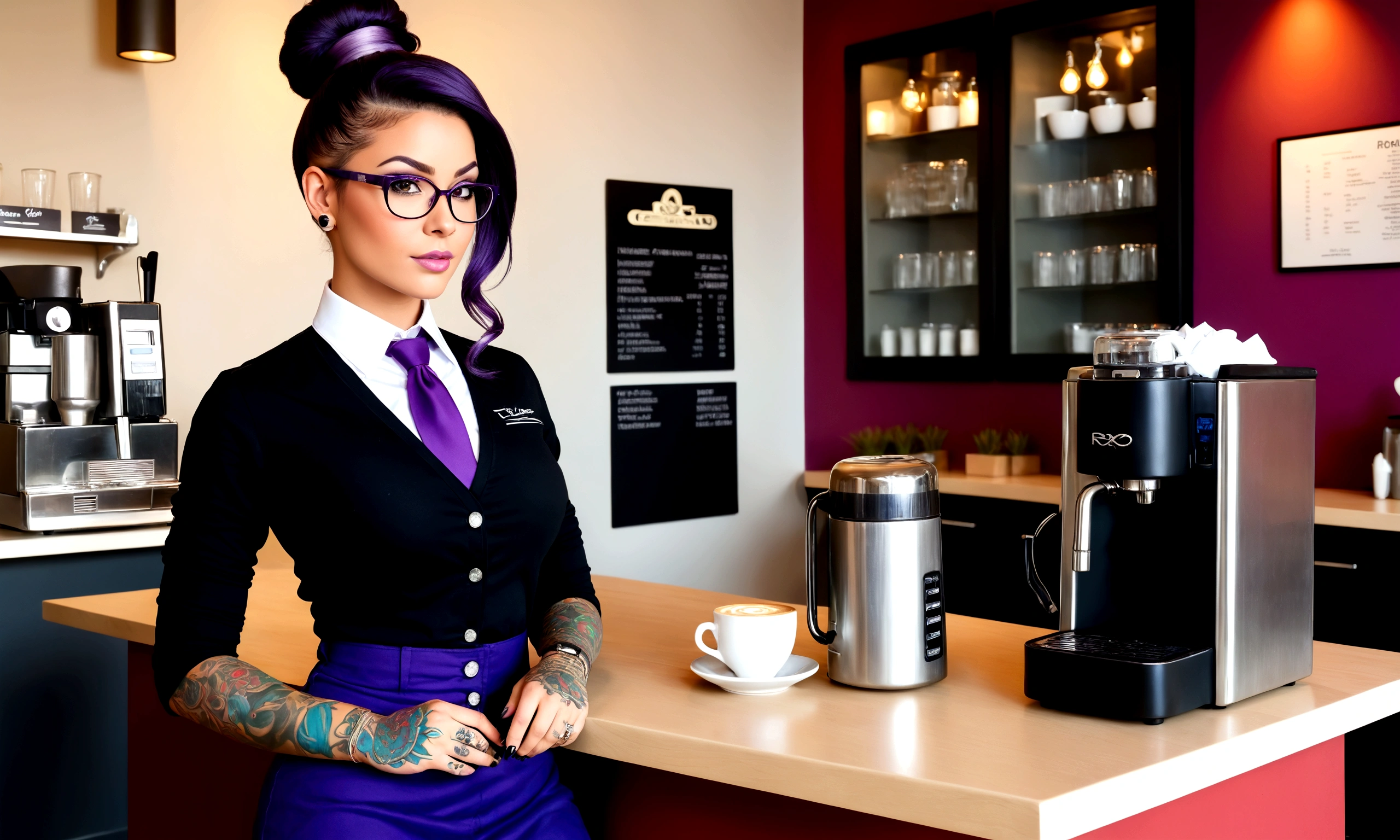 Physical appearance: skin black, wide thighhighs, big and beautiful breasts. Various tattoos spread across the body.-Hair: roxo e preto, varying between smooth, thick, arrested and released.- Makeup: Lábios pintados de preto e purple, flashy makeup.Accessories: Glasses of different styles and colors (purple, cerulean). Comfortable and Casual Jewelry.scenario: Coffee Shop- Modern and welcoming atmosphere with contemporary decor.- Details such as wooden tables, espresso machine, plants and urban art.Scenes Serving Coffee - Behind the counter, wearing black uniform with white collar and buttons, hair tied in a high bun.2. Setting Tables- Wearing Casual Clothes (jeans and t-shirt), loose hair, óculos purples.3.Talking to Customers- Sitting at a table, wears an elegant dress and jewelry, hair tied in a ponytail.4.Preparing Drinks- In the coffee machine, wearing traditional uniform, hair tied in a low bun.
