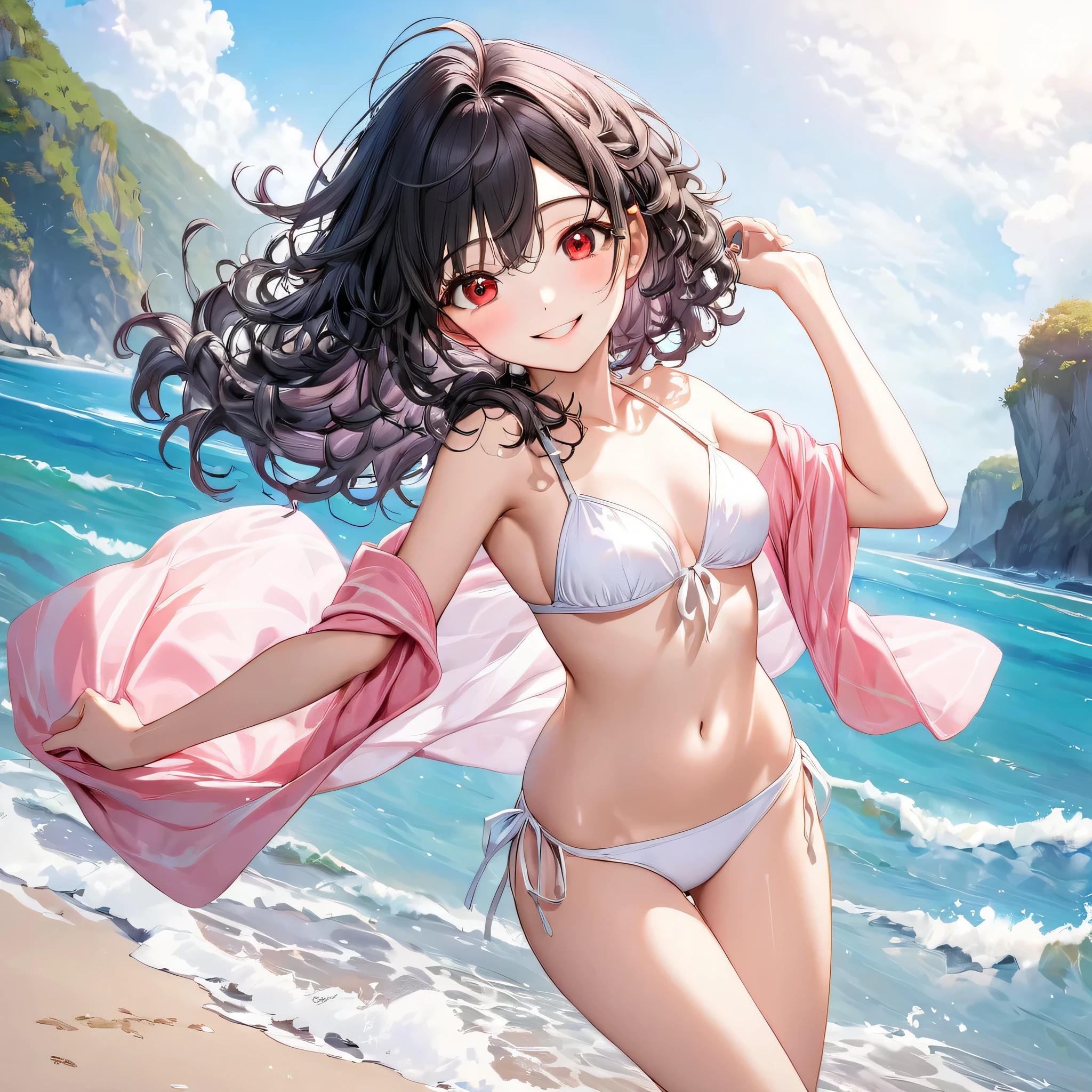 (enjoy style) (in a cute white bikini swimsuit, pink Pareo), (dynamic pose) (15 yo, solo:2 curly:1.3 black hair long hair lovely girl, cute red eyes, ecstasy love smile), break, in the beautiful Sandy Beach, background beautiful ocean), BREAK, perfect anatomy, masterpiece, best quality, 16k, beautiful detailed grow, daydreaming expression.