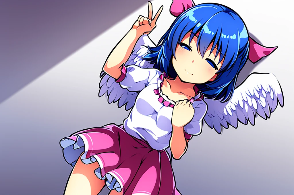 masterpiece, best quality, 1girl, , , 10 years old, medium blue hair, hair flaps, pink ribbon on head, well-formed face, blue eyes, angel girl, white blouse, puffy short sleeves, red ribbon, angel wings, long white skirt, red shoes, frills, ribbon head, from behind, to lift up one’s skirt, cowboy shot, from front, standing , raise one leg, crossed arms, arms up behind, arms behind back, hand between legs, put hands hip, one hand on hip, forward hands, arms raised in the air, punch hands, peace sign, waving, put up index finger, sit, lie down, closed eyes, lie face down, looking back, put one hand chest, leaning forward, cleavage, close up, horizontally outstretched arms, horizontally outstretched legs, front view, front face