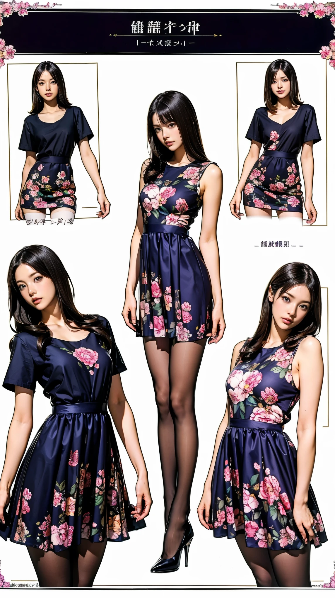 ((masterpiece)),(((Highest quality))),((Character design sheet)),Thin thighs,Long legs,whole body:1.5，(One Girl:1.3),(Black pantyhose and thick pointy heels：1.3),(Wearing a floral dress:1.2),