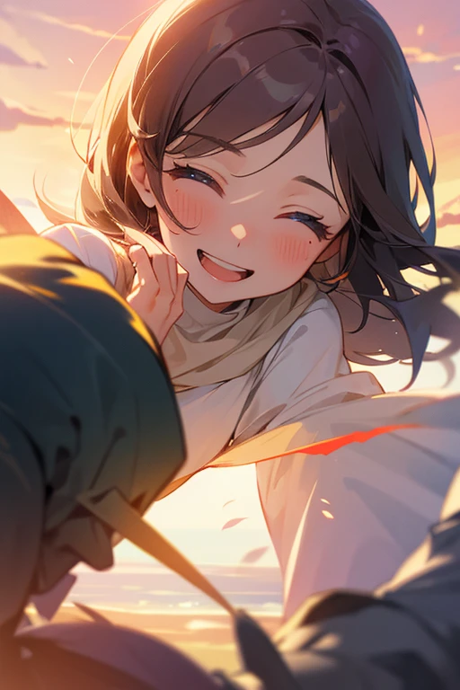 A girl say farewell to a man, while laughing mocking , he is far away