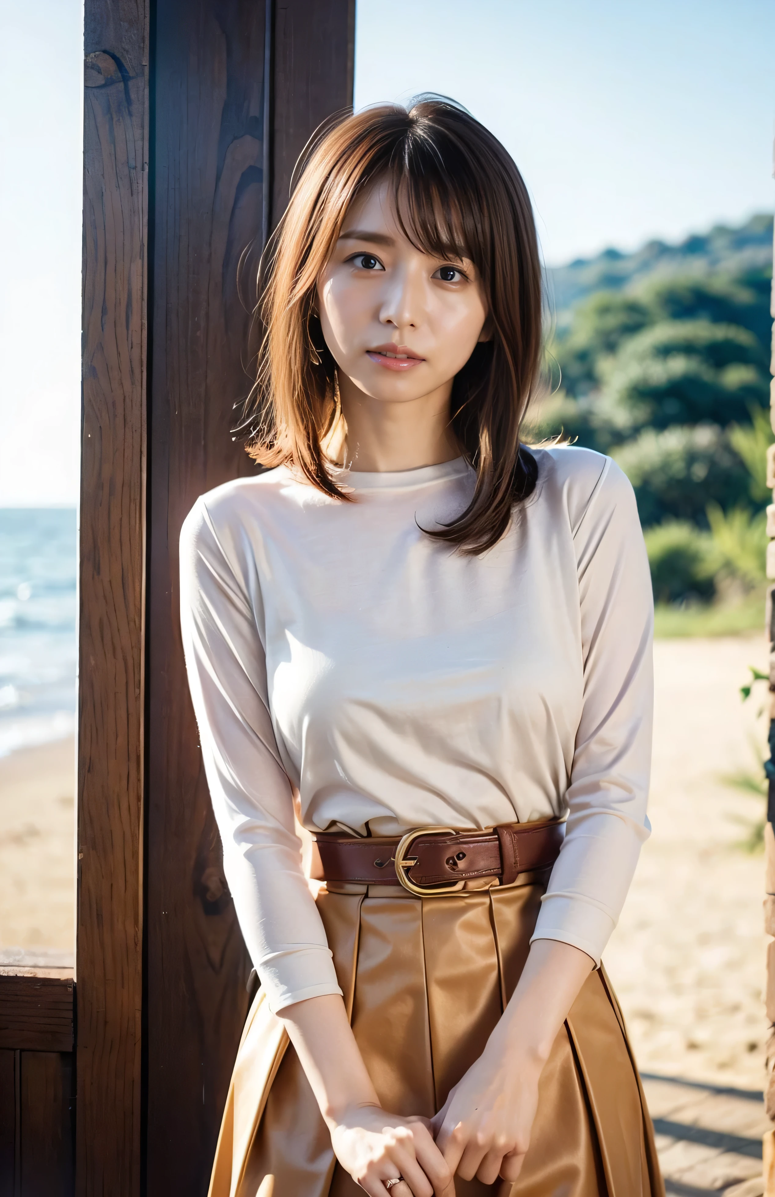 The sky turns red、Wet white t-shirt and jeans、、Light brown hair、Elegant hairstyle、Blue Eyed Woman、A woman with a cute upward gaze、When the sky gets dark、The sky turns red as the sun sets、Tight clothing that shows your body lines、、Elegant summer knitwear、Elegant summer sweater、Leather Belt、Short skirt、Dress elegantly着こなす、Luxury Bagedium Shorthair:1.4))、The sun shines on her、Light brown hair、Light brown hair、The sky was dyed red、There are clouds、private's cute、Her ample breasts are obvious even through her clothes..、The shining sun is so beautiful、Dusk is approaching、Lens flare、You can see the sunset、((Sunlight reflecting off the ocean、Ocean View、The sun shines on the ocean、'beautiful.、Small earrings、private'evening、Birds are also flying、、Brown Hair Color、Tying up hair、The woman is on the right:1.4))、Luxury Leather Belts、Shiny clothes、Light beige hair color、Background Blur、Braid only the front hair、Light brown hair、{{Cowgirl Shot}}、((Close-up shot from the waist up、Ample breasts:1.4))、Smile、Silk clothing、Ample breasts that can be seen even through clothes、Braid only the front hair、Cowboy Shot、Gorgeous white collared silk shirt and brown skirt、Dress elegantly、Luxury Bags、A lovely smile、((Ample breasts))、Full body photo、ring、Short skirt、Tuck your hair behind one ear、Silver Necklace、smile、 Elegant ponytail、Caustics、Highly detailed photos、Very beautiful and ideal short hair、Super no makeup、(8K、RAW Photos、Highest quality、masterpiece:1.2)、(Realistic、Realistic)、1 Girl、((Medium Short Hair、Looking into the camera:1.4))、Hair blowing in the wind
