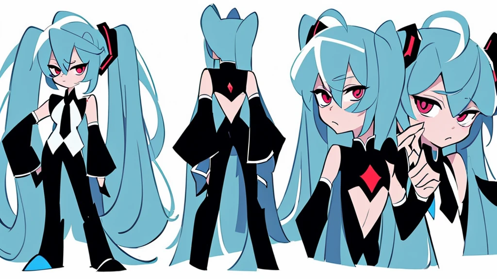 masterpiece, Hatsune Miku, White shirt, blue tie, bare shoulders, Separated sleeves, angry smiley, dark skin, Red eyes, black eyes, pupil orange,