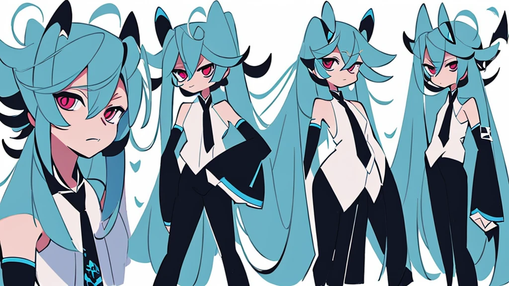 masterpiece, Hatsune Miku, White shirt, blue tie, bare shoulders, Separated sleeves, angry smiley, dark skin, Red eyes, black eyes, pupil orange,