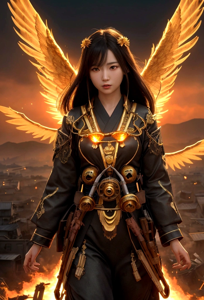 Ultra-realistic full body beautiful Japanese woman, masterpiece. Beautiful cinematic, realistic character. Ultra-detailed and intricate 3D rendering, vibrant details. Sky glowing golden, three angels descending to earth, glowing divinely, world war, nuclear devastation, ruined city, evil black shadows welcoming the three.