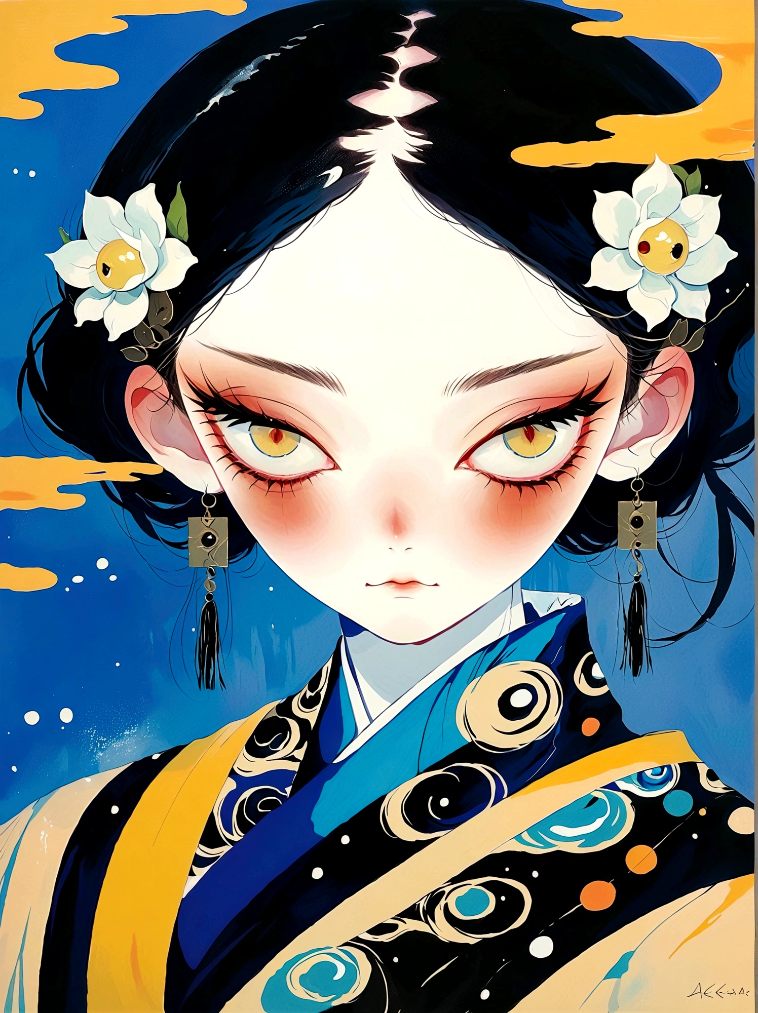 Three-eyed monster，Eyes on the forehead，female，Wet hair，Japanese horror style Japanese pop surrealism, author：Yukika Kosaka, Nguyen Gia and Joao Nguyen, 
